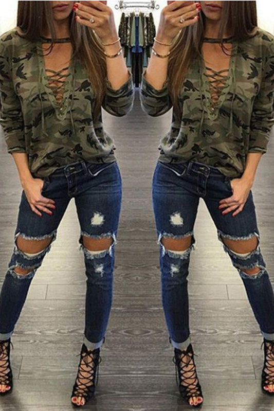 Camouflage Print Straps Cross Hollow Out Sweatshirt