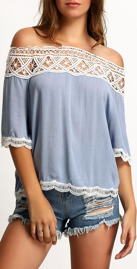 Off-Shoulder 1/2 Sleeve Lace Patchwork Chiffon Loose Blouse