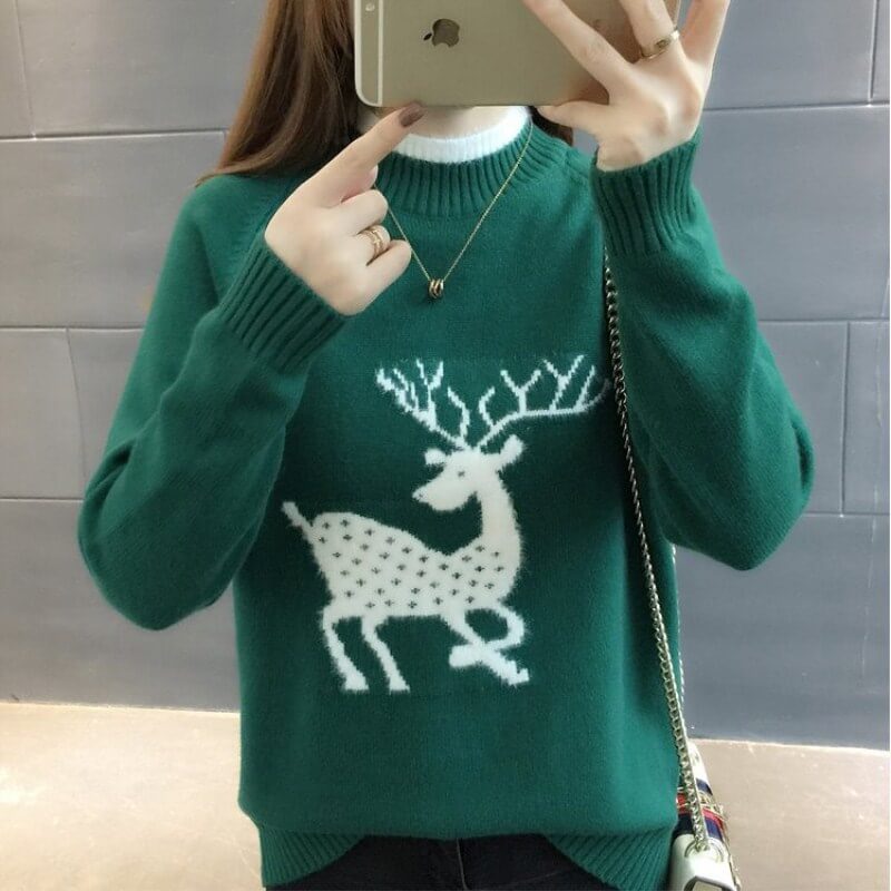 Reindeer Pure Color Mock Neck Sweater