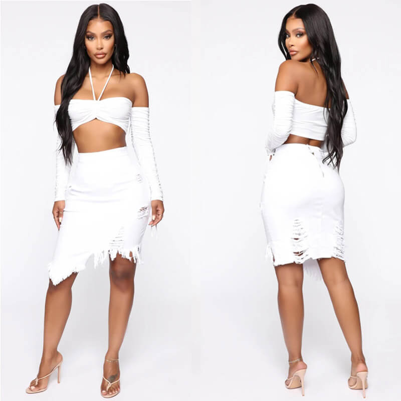 Sexy High Waist Ripped Bodycon Irregular Knee Length Dress