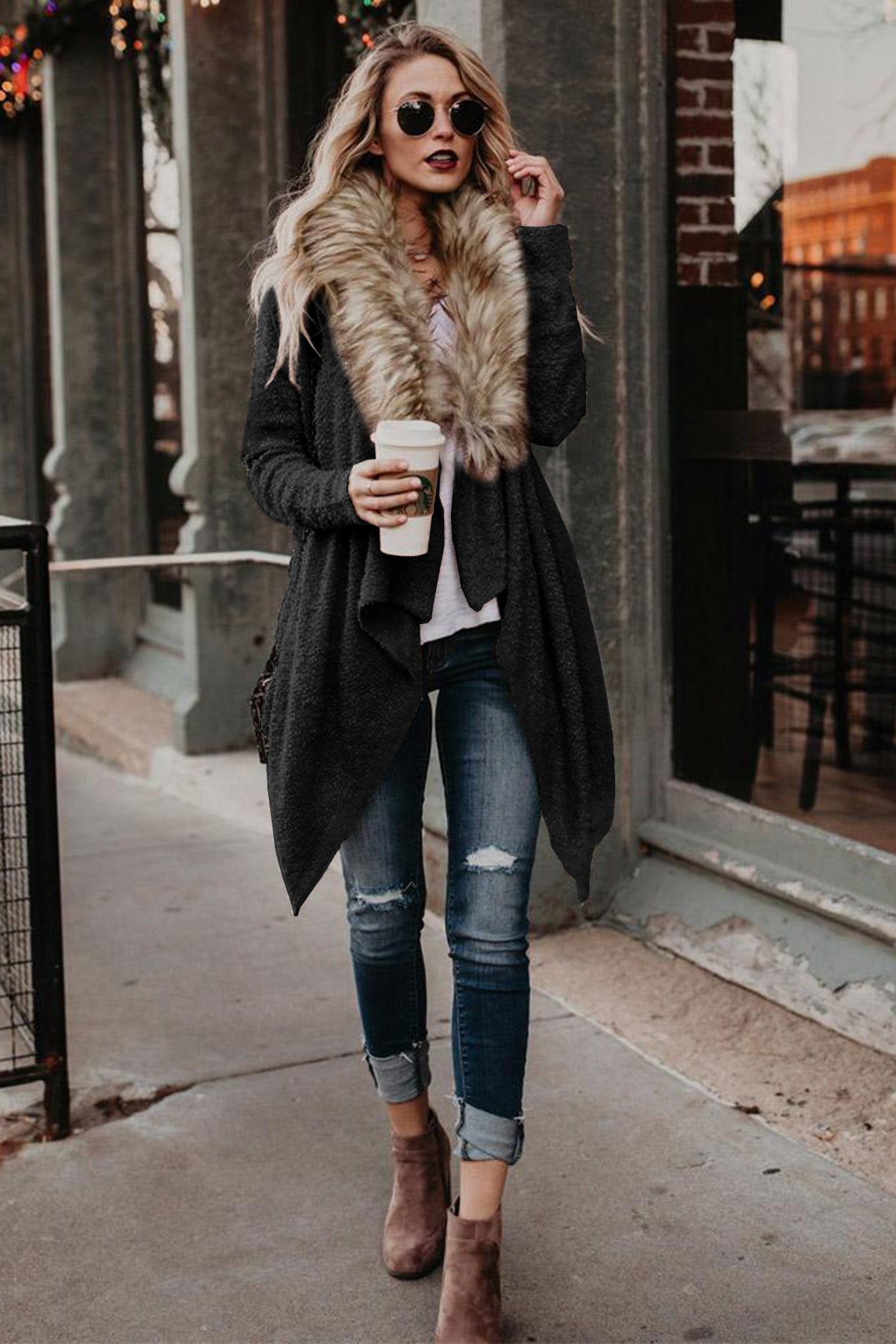 Faux Fur Collar Lapel Irregular Long Loose Coat Outwear