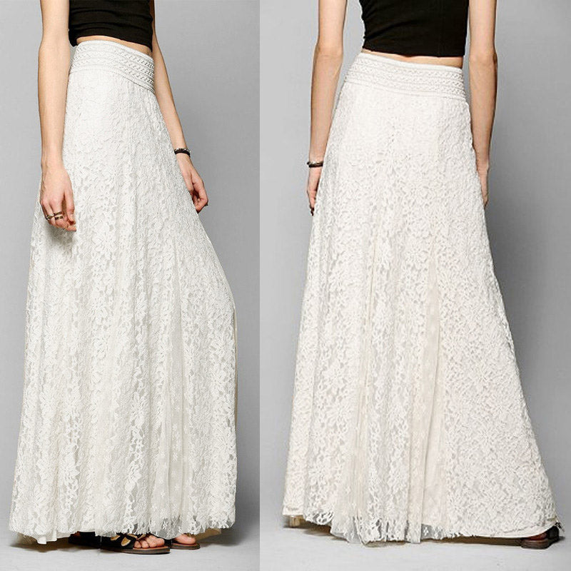 Lace High Waist Pure Color Loose Long Skirt