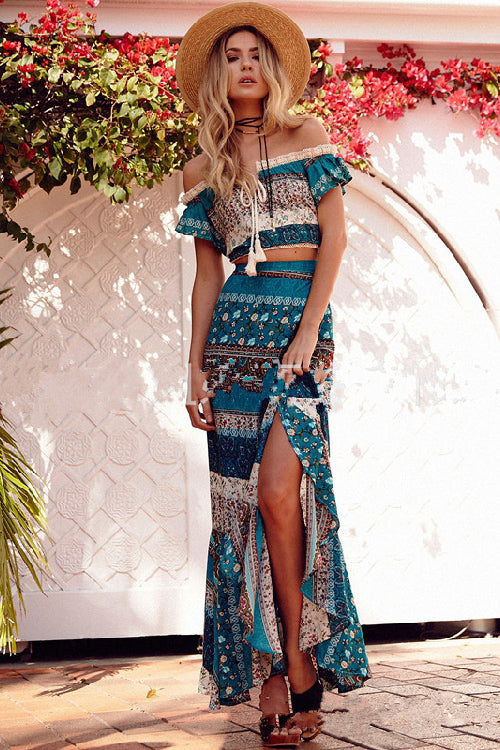 Print Off Shoulder Crop Top with Split Long Skirt Two Pieces Dress Set