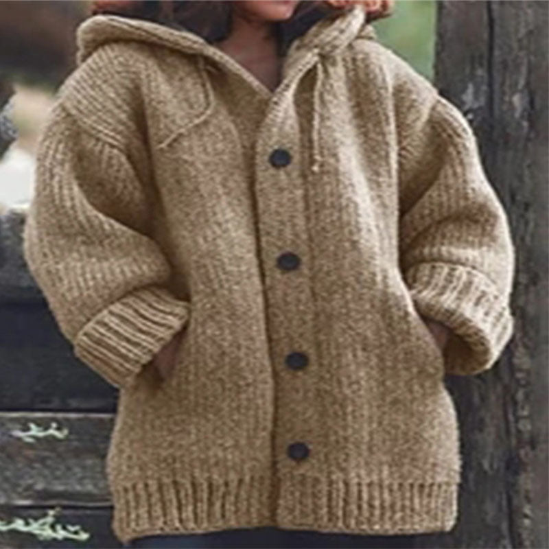 Pure Color Hooded Knit Cardigan Sweater