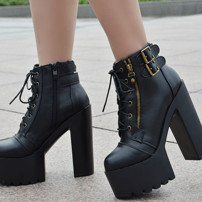 Lace Up Zipper Platform Super High Heels Ankle Boots