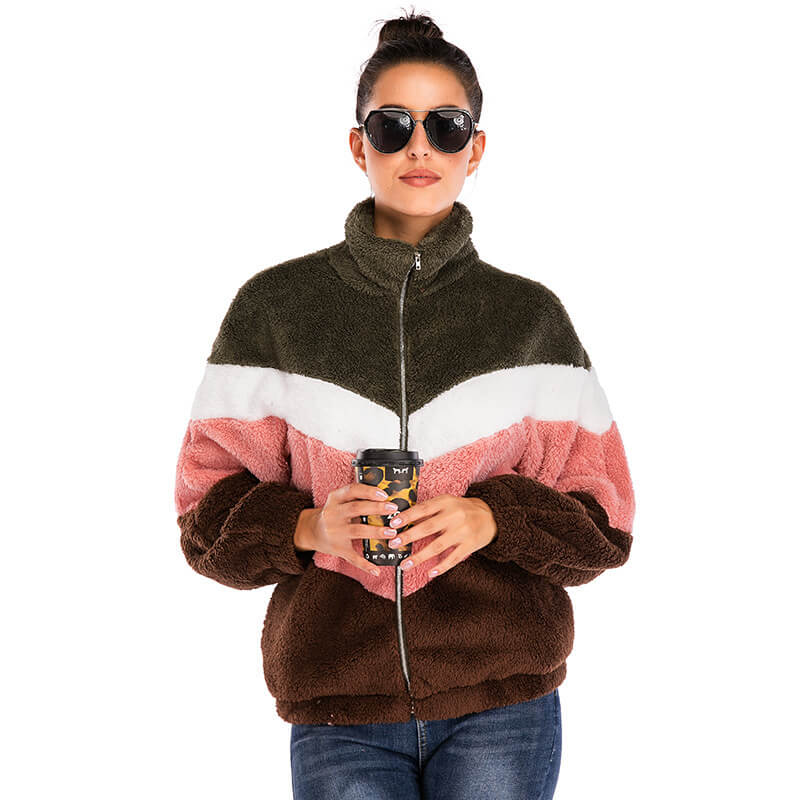 Fuzzy Turtleneck Zipper Patchwork Sweatshirts