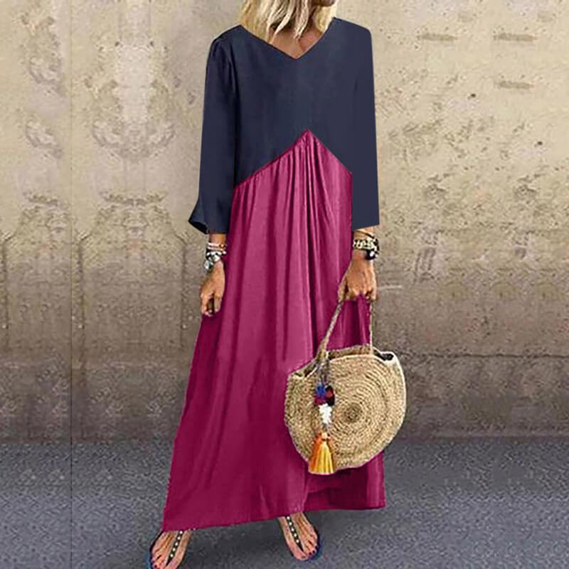 Colorblock Patchwork Loose Ankle Length Dress