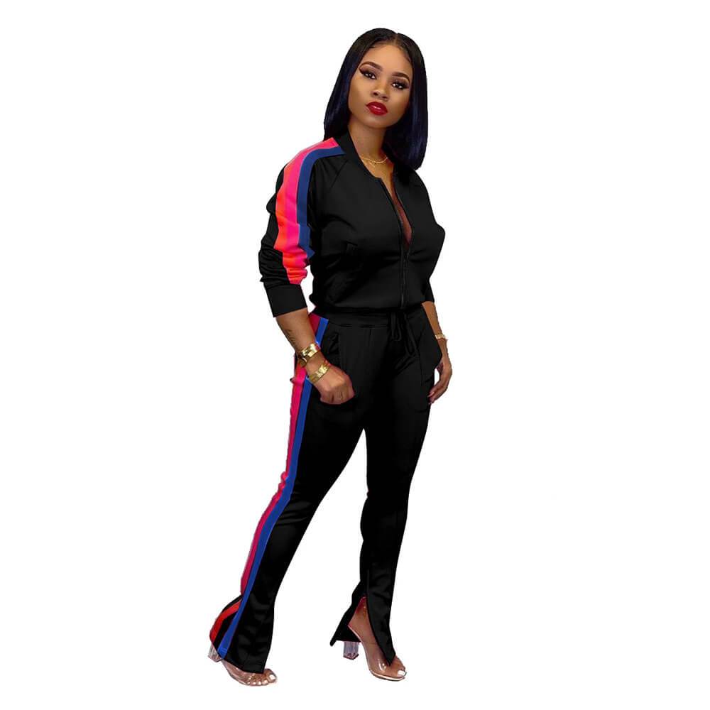 Zipper Blosue High Waist Patchwork Bell Bottom Pants Set