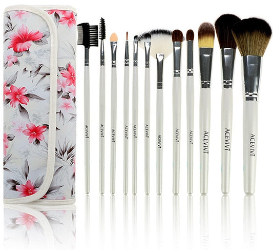 Fashion Women's Professional 12pcs Soft Cosmetic Tool Makeup Brush Set Kit With Floral Printed Pouch