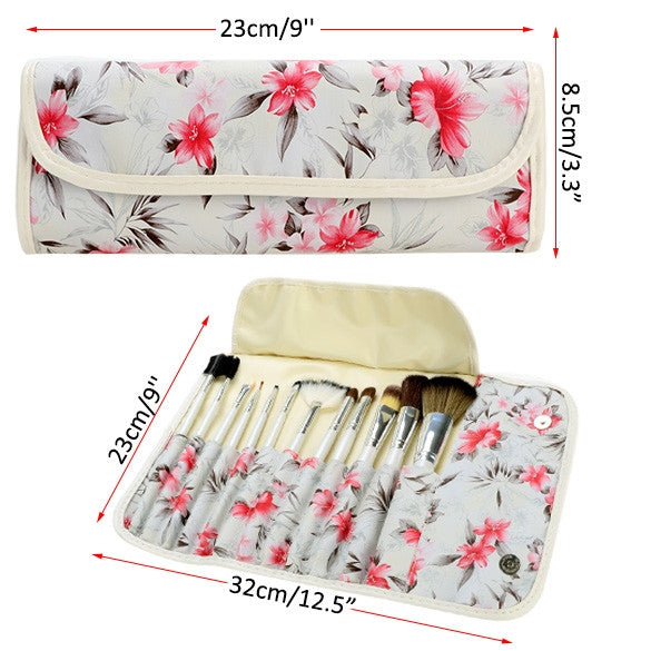 Acevivi Fashion Women's Professional 12pcs Soft Cosmetic Tool Makeup Brush Set Kit With Floral Printed Pouch