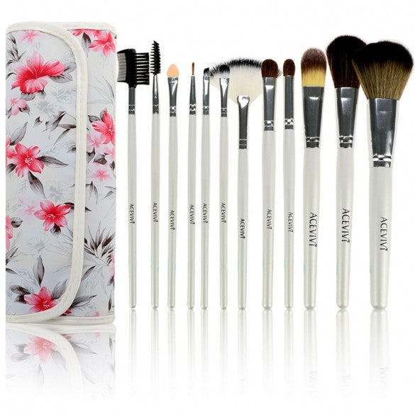 Acevivi Fashion Women's Professional 12pcs Soft Cosmetic Tool Makeup Brush Set Kit With Floral Printed Pouch