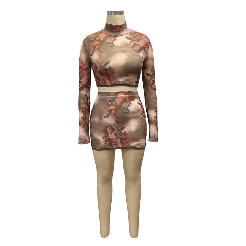 Angel Print Sheer Mesh Sexy Outfits 2 Piece Set Women Long Sleeve Crop Top Skirt Two Piece Club Matching Sets