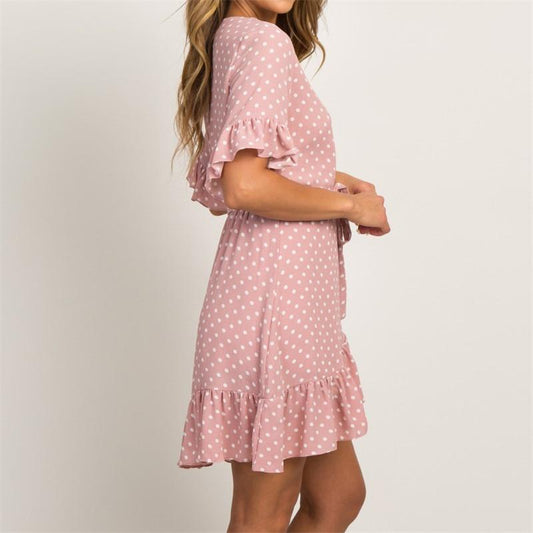 Summer Dress Boho Style Beach Dress Fashion Short Sleeve V-Neck Polka Dot A-Line Party Dress Sundress