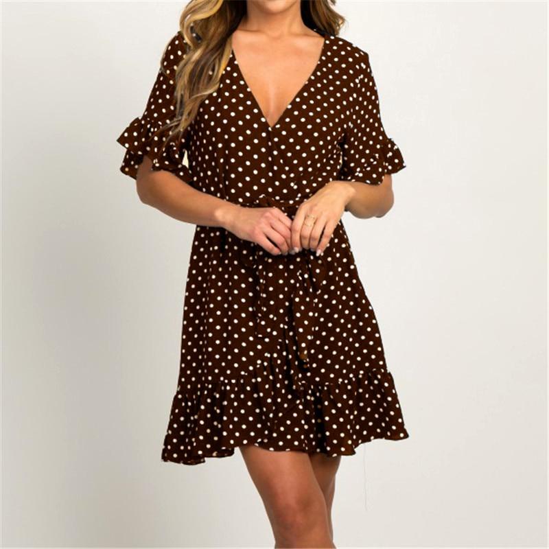 Summer Dress Boho Style Beach Dress Fashion Short Sleeve V-Neck Polka Dot A-Line Party Dress Sundress