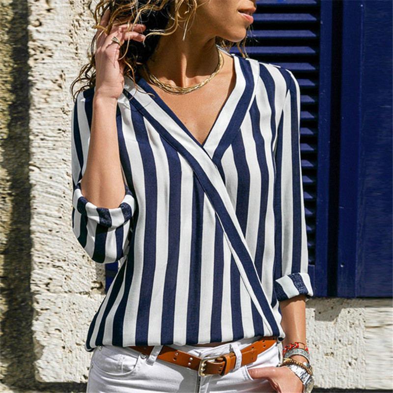 Women Striped Blouse Shirt Long Sleeve V-neck Shirts Casual Tops Blouse