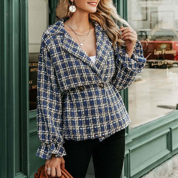 Casual Loose Women Plaid Tweed Jacket Coats Lantern Sleeve Streetwear Coats Elastic High Waist Ladies Outwear Jackets