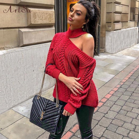 Women's Sweaters Casual Solid Loose Sweater Bare Shoulders Knitted Pullovers Winter Oversized Sweaters