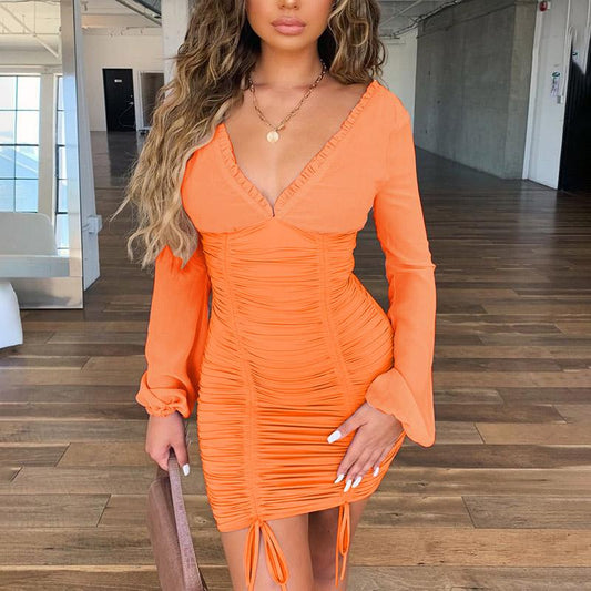 Summer Autumn Dress Women Sexy Long Sleeve Slim Elastic Bodycon Bandage Short Pleated Party Dresses