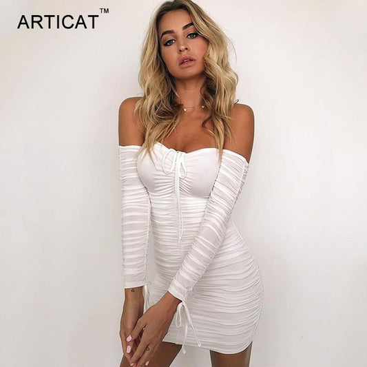 Women Autumn Winter Bandage Dress Sexy Off Shoulder Long Sleeve Slim Elastic Bodycon Party Dresse