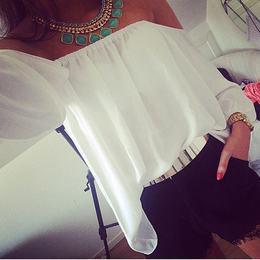 Off Shoulder Loose Long Sleeves Chiffon Blouse Top