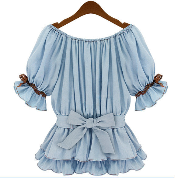 Faux Denim Women Butterfly Blouse Sashes Tops
