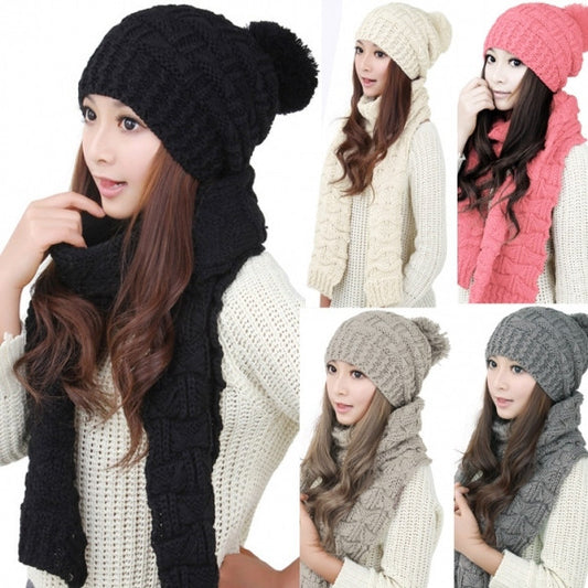 Women's Winter Knitted Scarf And Hat Set Thicken Knitting Skullcaps