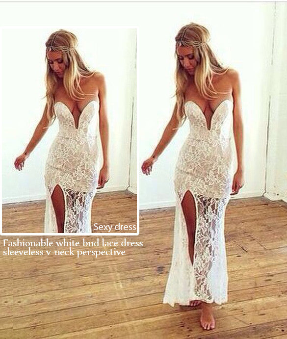 Sweatheart Strapless Split Long Lace Dress - MeetYoursFashion - 3