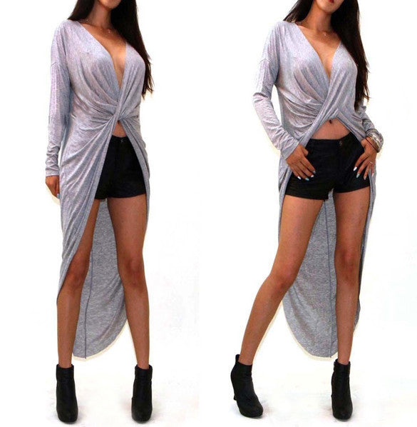 Irregular V-neck Long Sleeve Cross Wrap Long Dress - MeetYoursFashion - 4