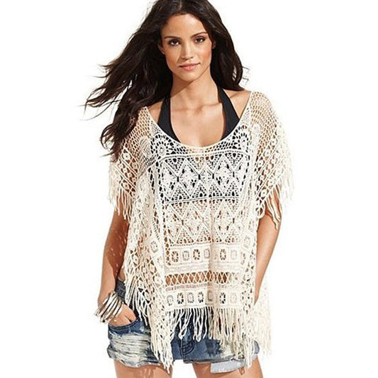 Hollow Out Crochet Knit Loose Tassels Top Blouse