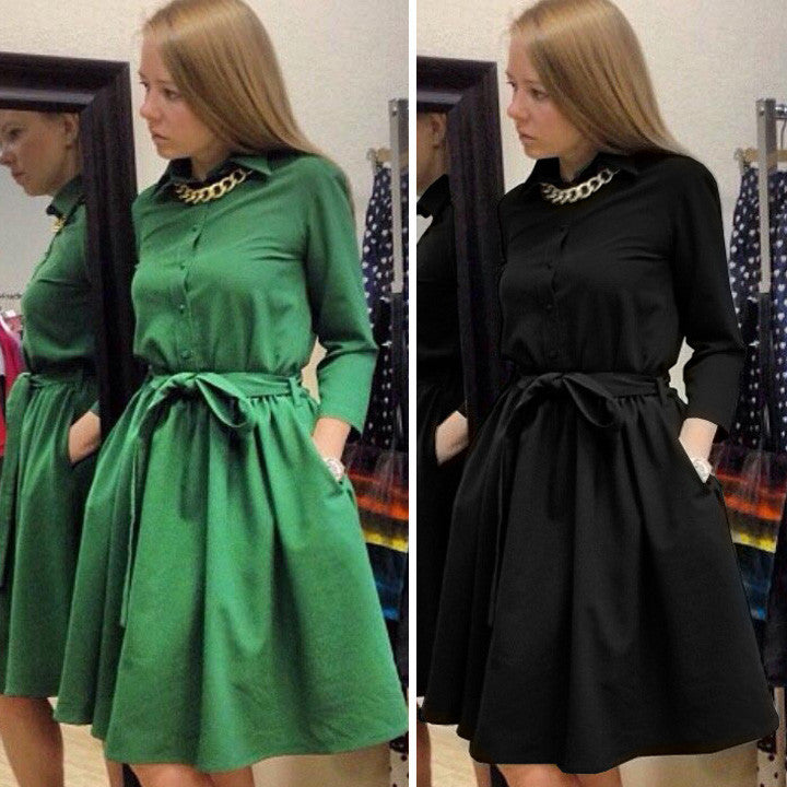Women's Casual Long Sleeve Lapel Elegant Dress - MeetYoursFashion - 1