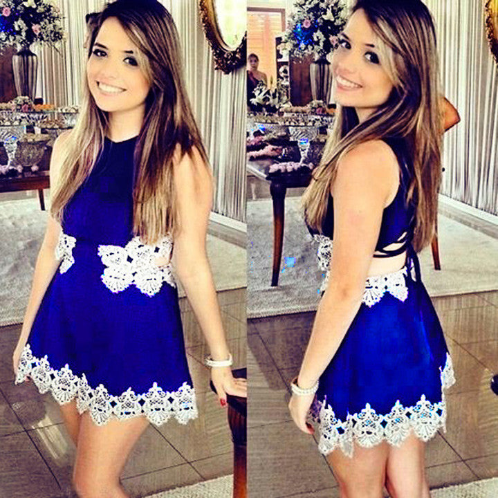 V-neck Backless Lace Trim Mini Party Dress - MeetYoursFashion - 1