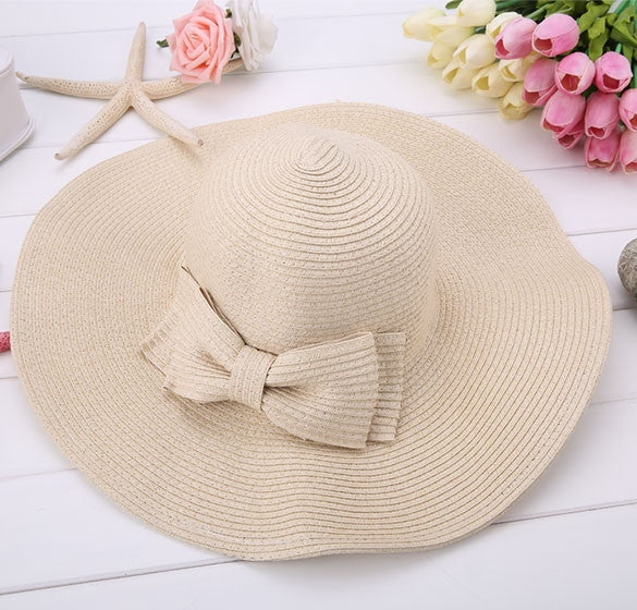 New Fashion Women's Foldable Wide Brim Bowknot Decoration Beach Straw Hat Cap