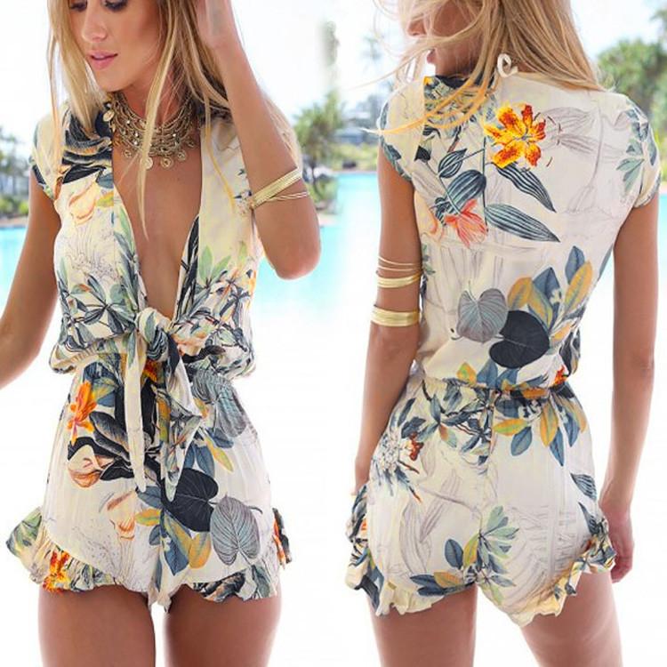 V-neck Flouncing Romper Straps Print Overall Jumpsuit - MeetYoursFashion - 1