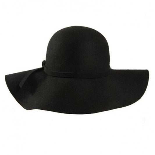 New Fashion Retro Style Lady Women Wide Brim Wool Felt Bowler Fedora Hat Floppy Cloche Black