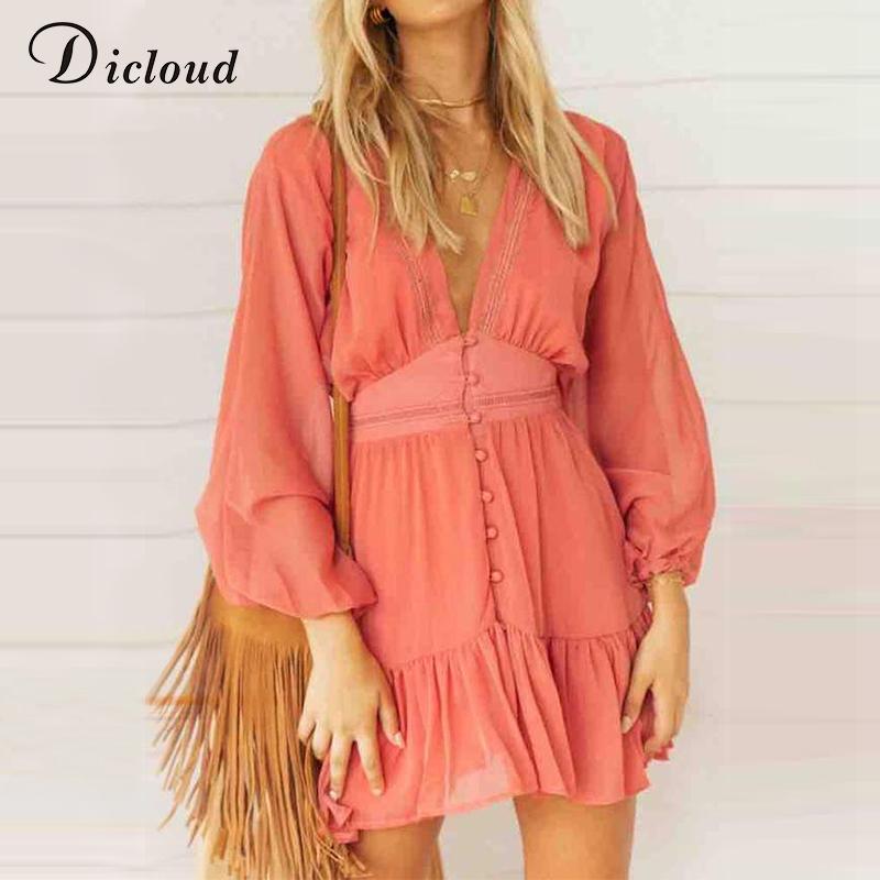 Sexy Plunge V Neck Women'S Spring Summer Dress Lace Long Sleeve Mini Party Dress Ruffle Elegant Clothing