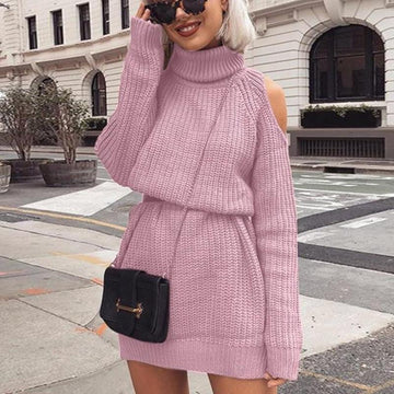 Autumn Winter Turtleneck Off Shoulder Knitted Sweater Dress Women Solid Slim Plus Size Long Pullovers Knitting Jumper