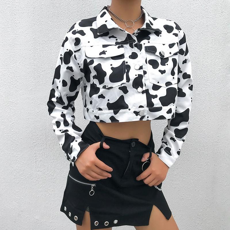 Streetwear Cow Print Cropped Female Jacket Casual Buttons Coat Women Cardigan Spring Autumn Basic Jackets Outwear