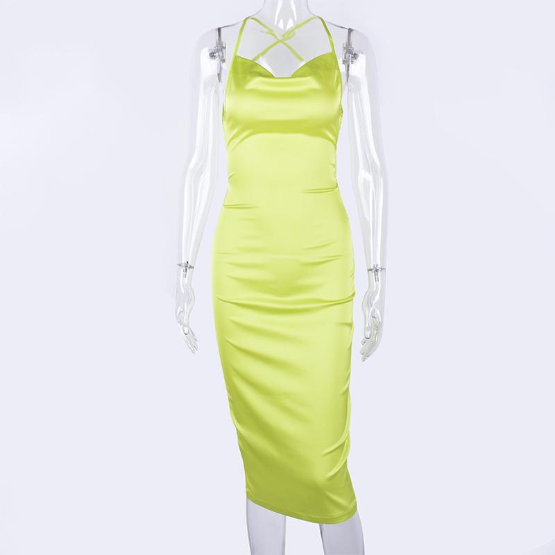 Neon Satin Lace Up Summer Women Bodycon Long Midi Dress Sleeveless Backless Elegant Party Outfits Sexy Club Clothes