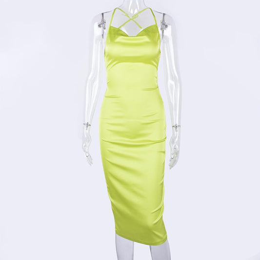 Neon Satin Lace Up Summer Women Bodycon Long Midi Dress Sleeveless Backless Elegant Party Outfits Sexy Club Clothes