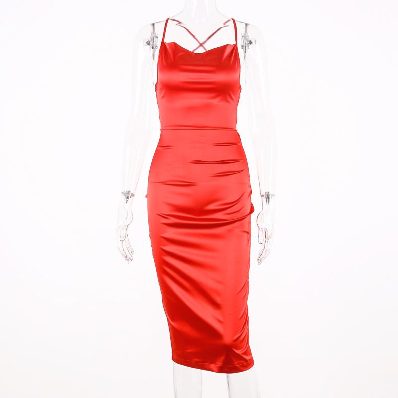 Neon Satin Lace Up Summer Women Bodycon Long Midi Dress Sleeveless Backless Elegant Party Outfits Sexy Club Clothes