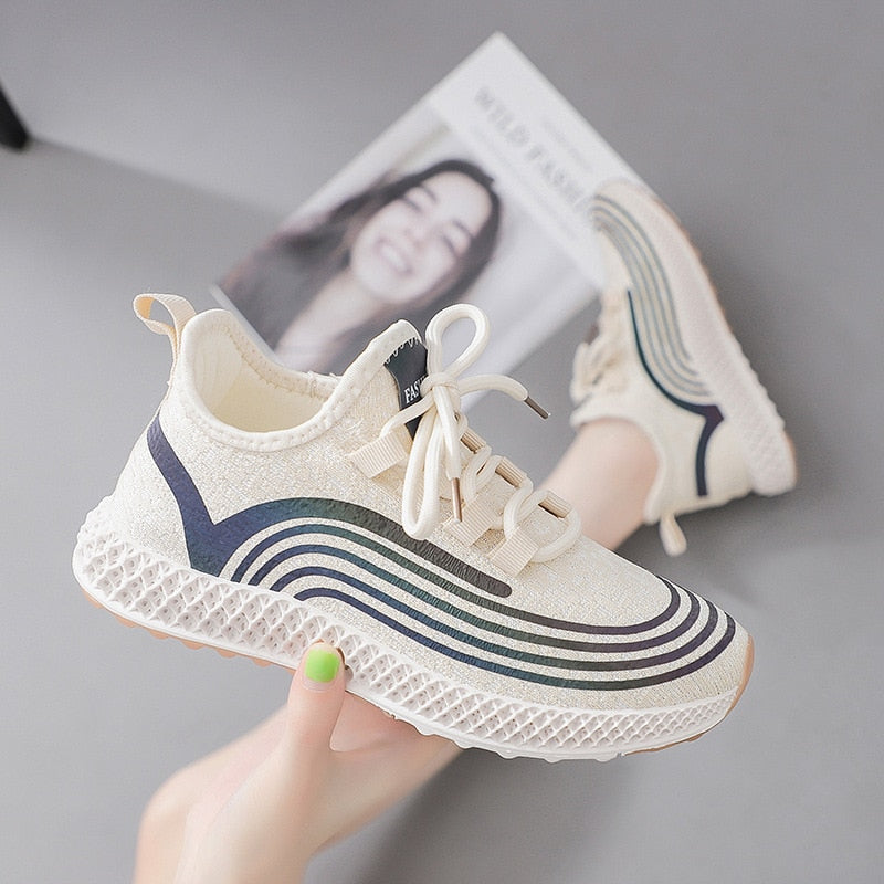 Lace Up Stripes Stretch Fabric Sneakers