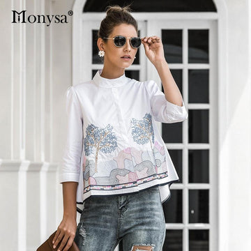 Embroidery Shirt Women Summer Autumn Fashion 3/4 Sleeve Casual Blouses Ladies Shirt