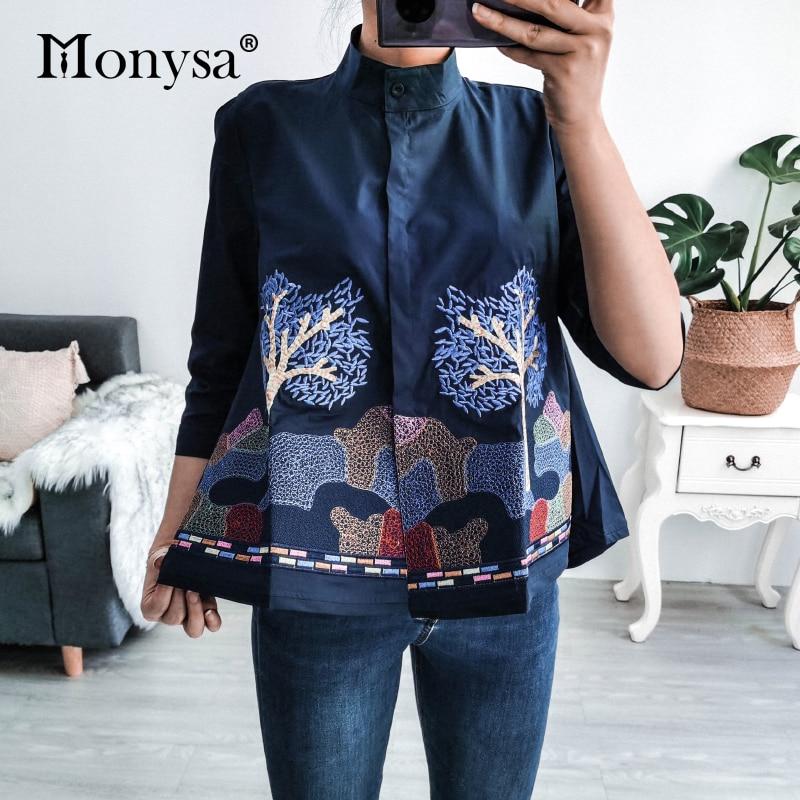 Embroidery Shirt Women Summer Autumn Fashion 3/6 Sleeve Casual Blouses Ladies Shirt