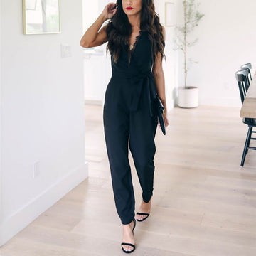 Black Lace Sleeveless Bandage Bodycon Skinny Jumpsuits