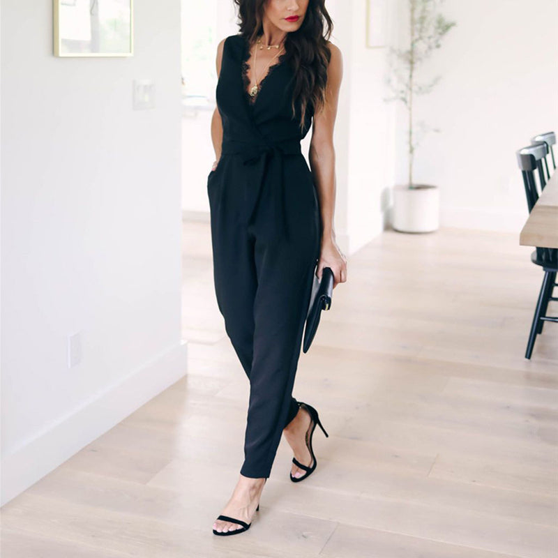 Black Lace Sleeveless Bandage Bodycon Skinny Jumpsuits