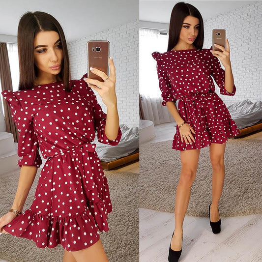 Fashion Ruffle Women Summer Dress 3/4 Sleeves Round Neck Dot Print Casual Dress Girls Sweet Cute A Line Mini Dresses