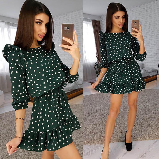 Fashion Ruffle Women Summer Dress 3/4 Sleeves Round Neck Dot Print Casual Dress Girls Sweet Cute A Line Mini Dresses