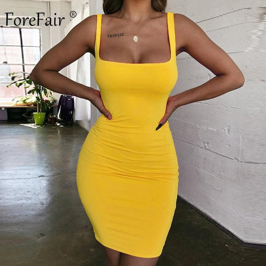 Spaghetti Strap Sexy Bodycon Dress Summer Yellow Neon Green Black Orange Elegant Sleeveless Mini Short Dress Women