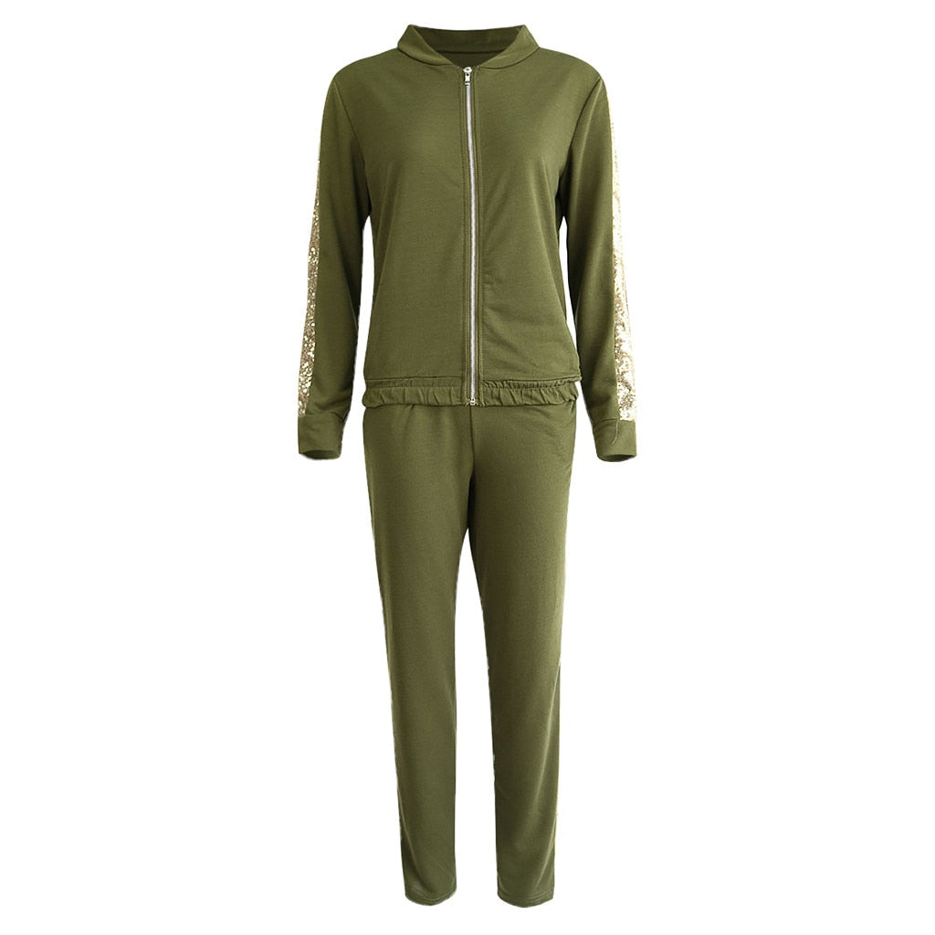 Women'S Tracksuit Two Piece Set Sports Suits Autumn New Fashion Casual Sequins Stitching Jacket Trousers Sports Suit