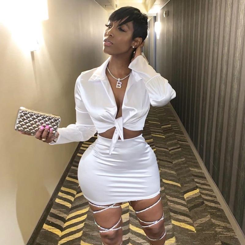 Women Silky Satin 2 Two Piece Set Lace Up Long Sleeve Crop Top High Waist Mini Skirt 2019 Autumn Winter Lady Clothes